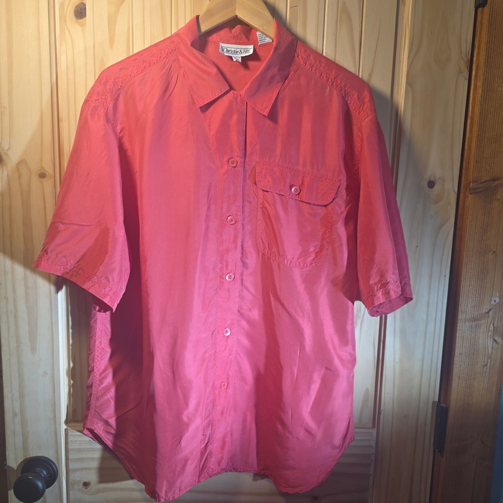 Vintage Quiet Luxury Christie & Jill Women L Coral 100% Silk Short Sleeve Shirt